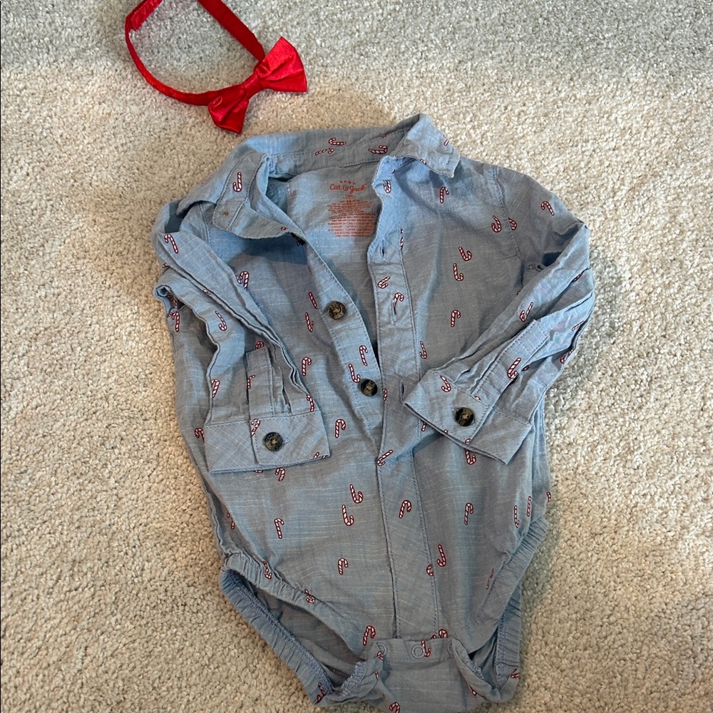 Cat & Jack Light Blue Baby Shirt with Red Candy Cane Pattern